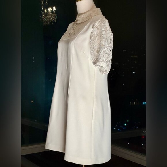 🆕 SELF-PORTRAIT 🧿NWOT White Guipure Lace Bubble Sleeve Mini Dress Sz UK10 US 6 - Picture 5 of 16
